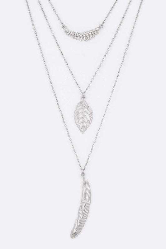 Leaf And Feather Mix Charm Layer Necklace