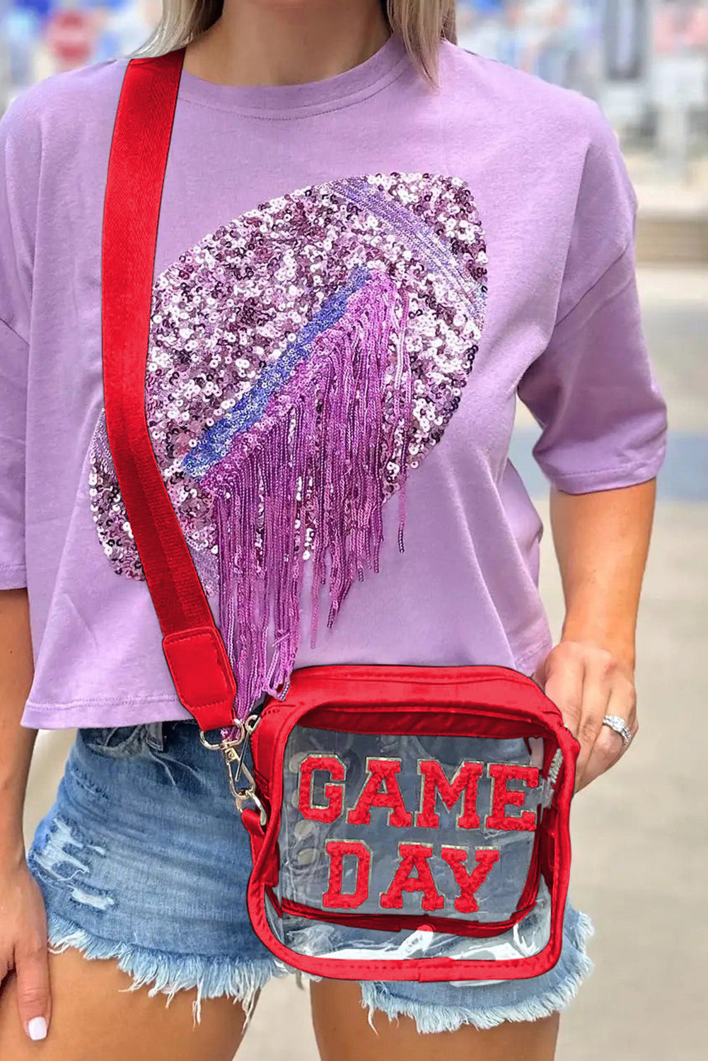 Black Chenille GAME DAY Pattern Clear Shoulder Bag
