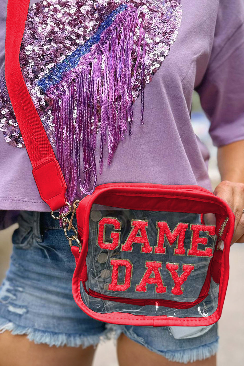 Black Chenille GAME DAY Pattern Clear Shoulder Bag