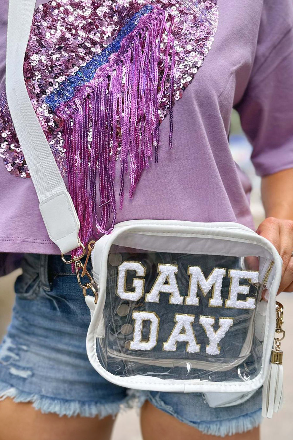 Black Chenille GAME DAY Pattern Clear Shoulder Bag
