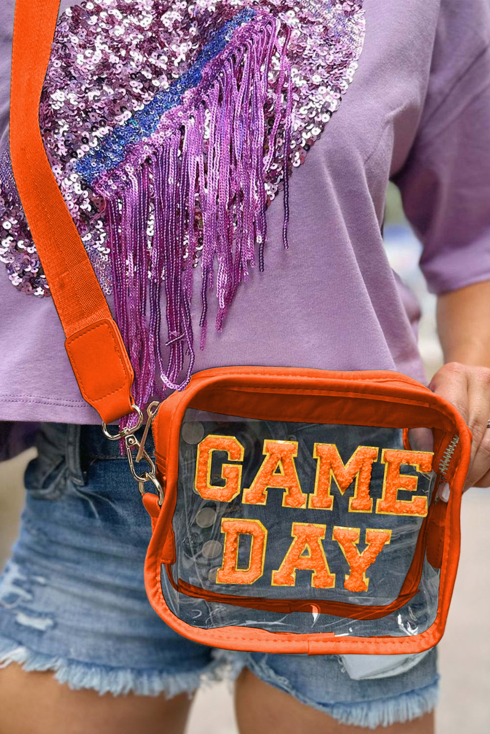 Black Chenille GAME DAY Pattern Clear Shoulder Bag