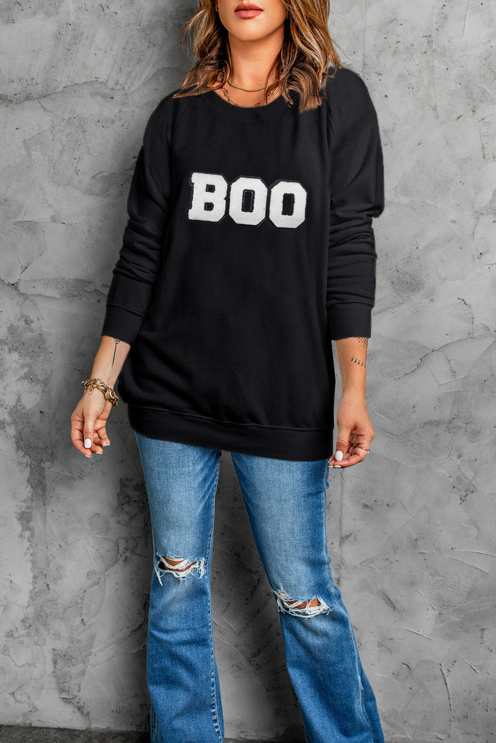 Black Chenille BOO Patched Pattern Crewneck Halloween Graphic Sweatshirt