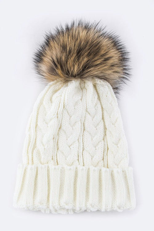 Raccoon Fur PomPom Cable Knit Beanie