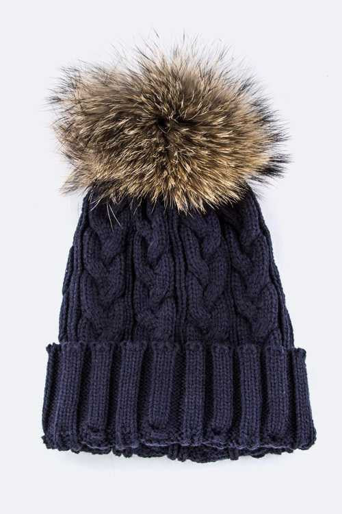 Raccoon Fur PomPom Cable Knit Beanie