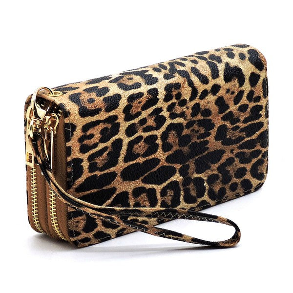 Leopard Double Zip Around Wallet Wristlet