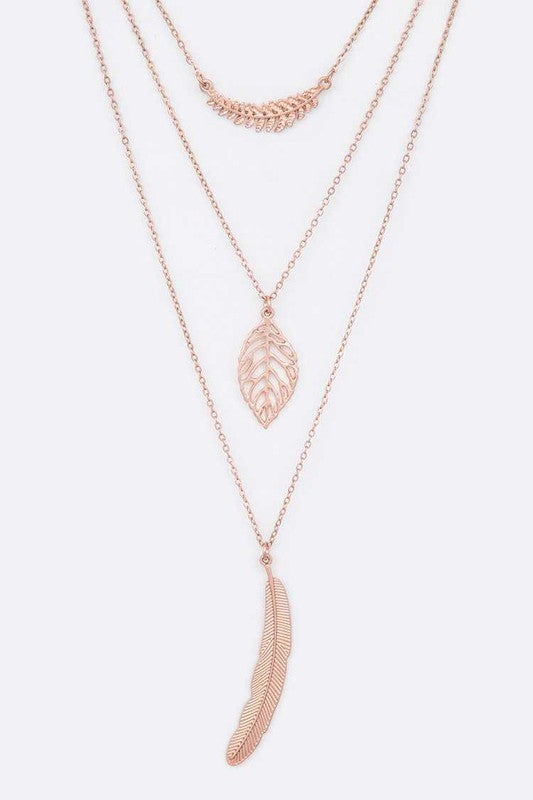 Leaf And Feather Mix Charm Layer Necklace