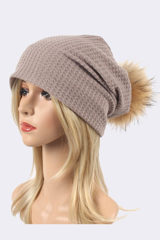 Faux Fur Pom Cotton Slouchy Beanie