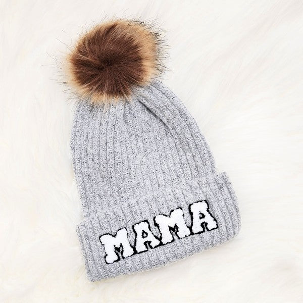 Chenille Mama Patch Faux Fur Pom Beanie Cap