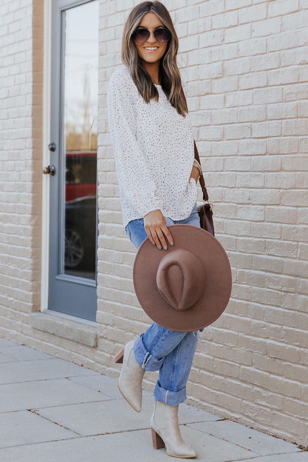 White Cheetah Print Lantern Sleeve Crew Neck Blouse