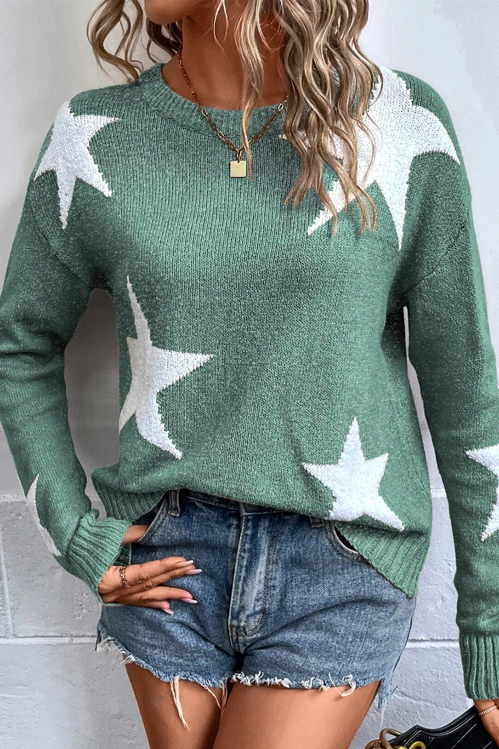 Green Star Pattern Drop Shoulder Knit Sweater