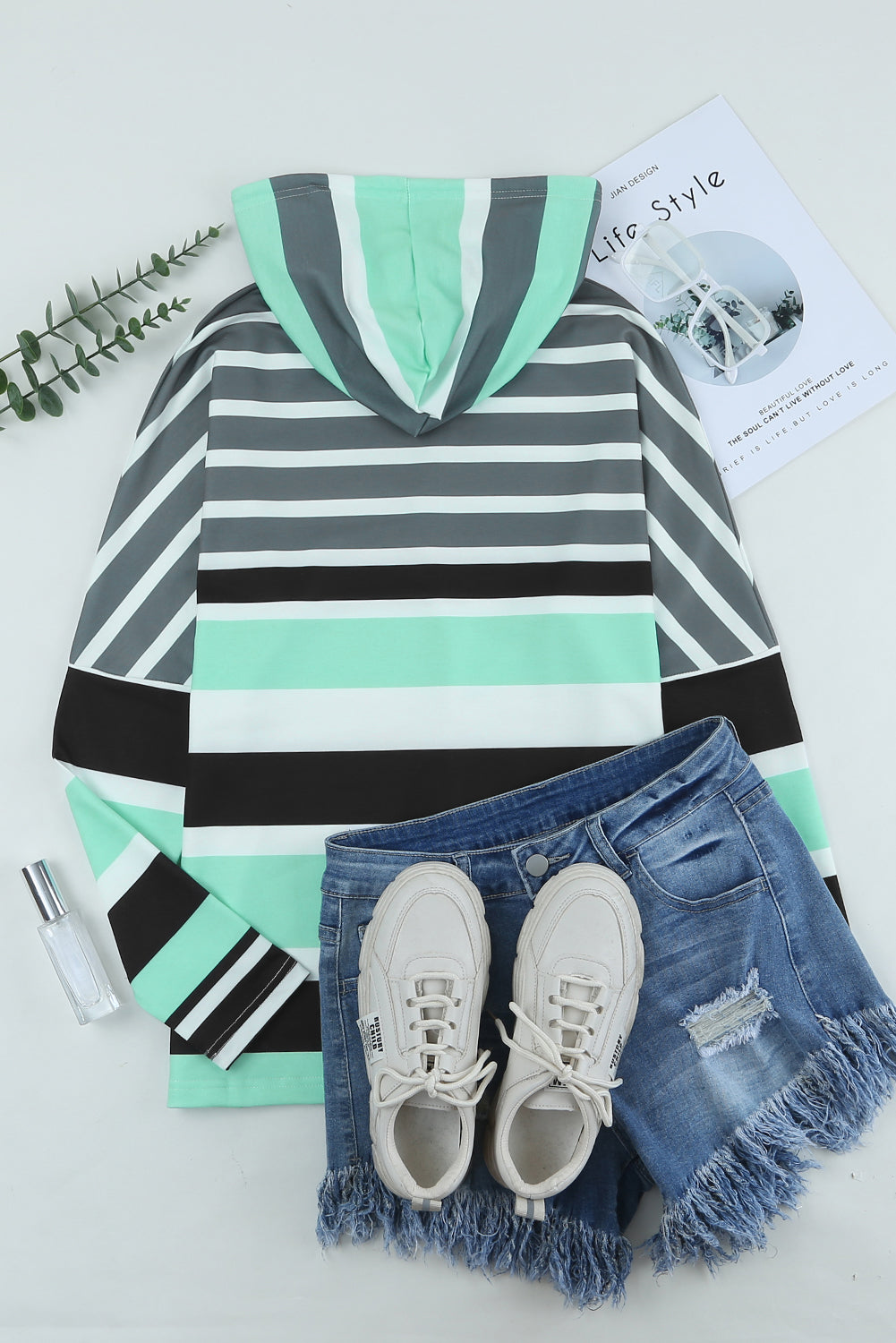 Multicolor Striped Drawstring Pullover Hoodie