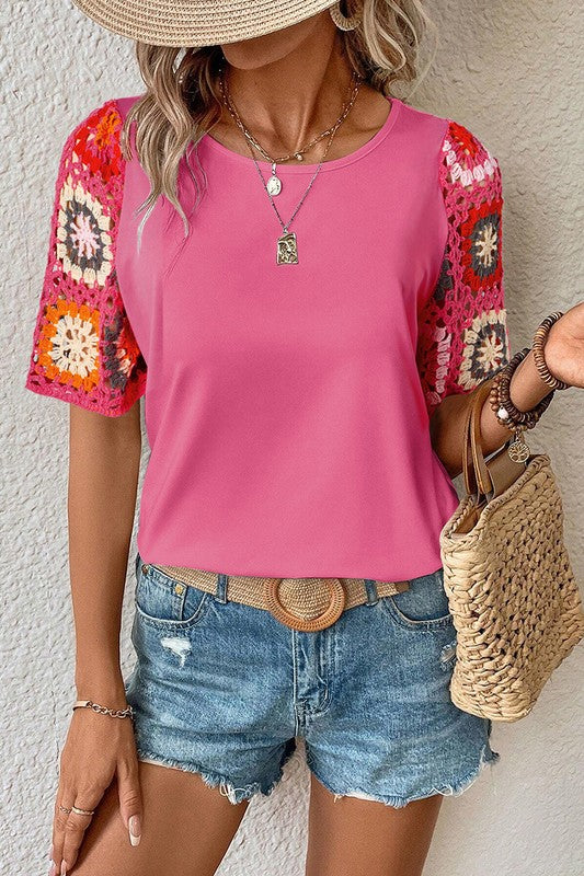 Women Turquoise Floral Crochet Short Sleeve Top