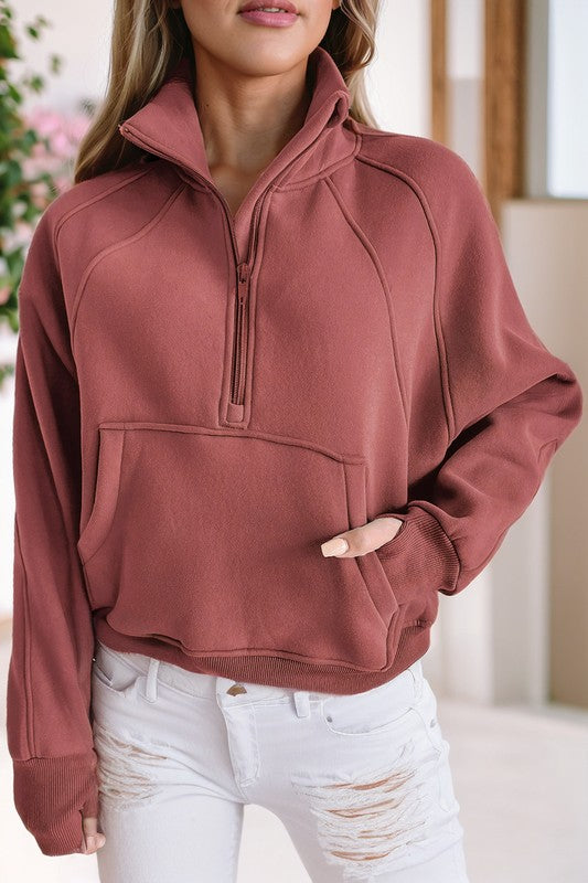 Stand Collar Ribbed Thumbhole Sleeve Sweatshirt