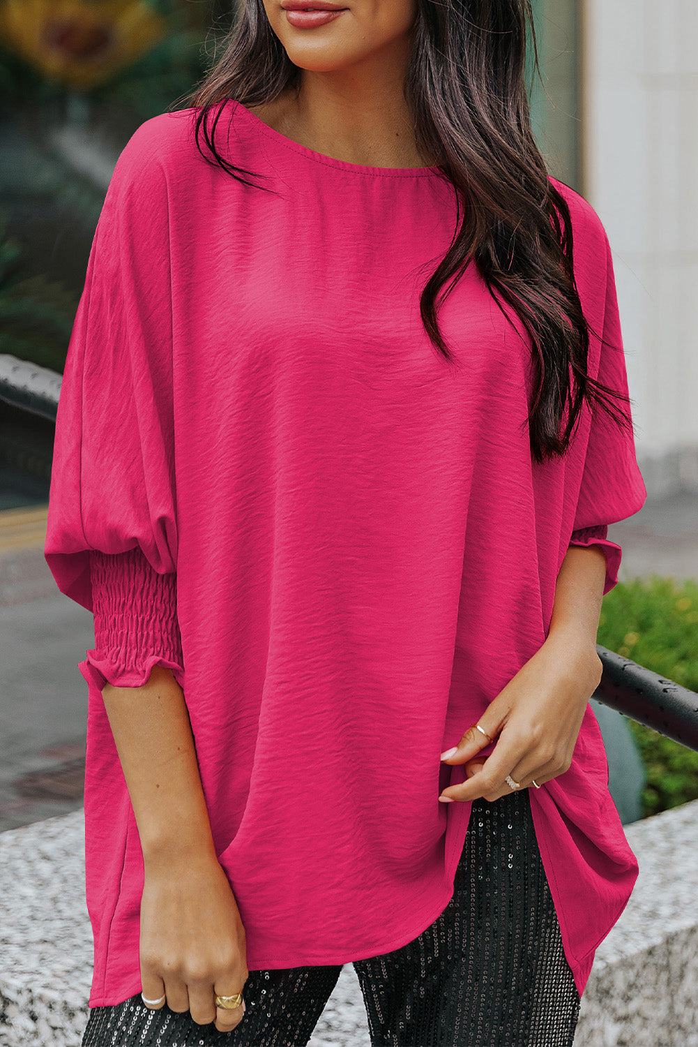 Pink Casual Shirred Cuffs Half Sleeve Blouse