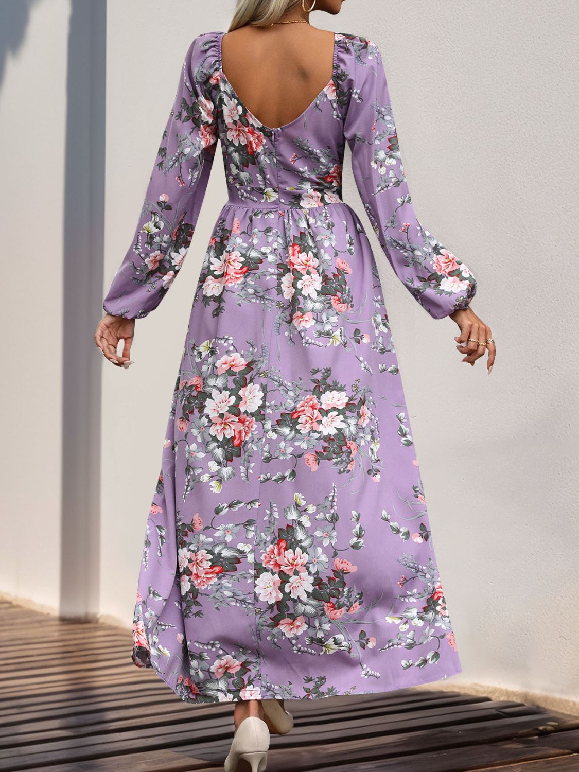 Slit Printed Surplice Long Sleeve Maxi Dress