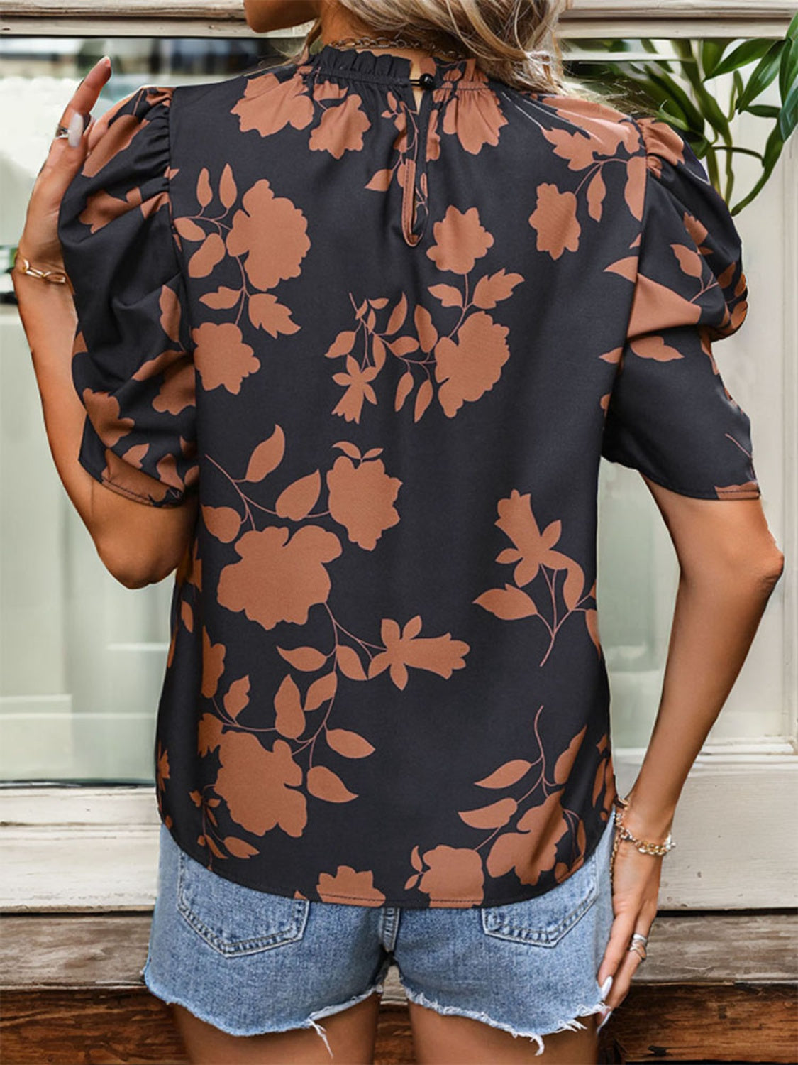 Frill Printed Round Neck Puff Sleeve Blouse