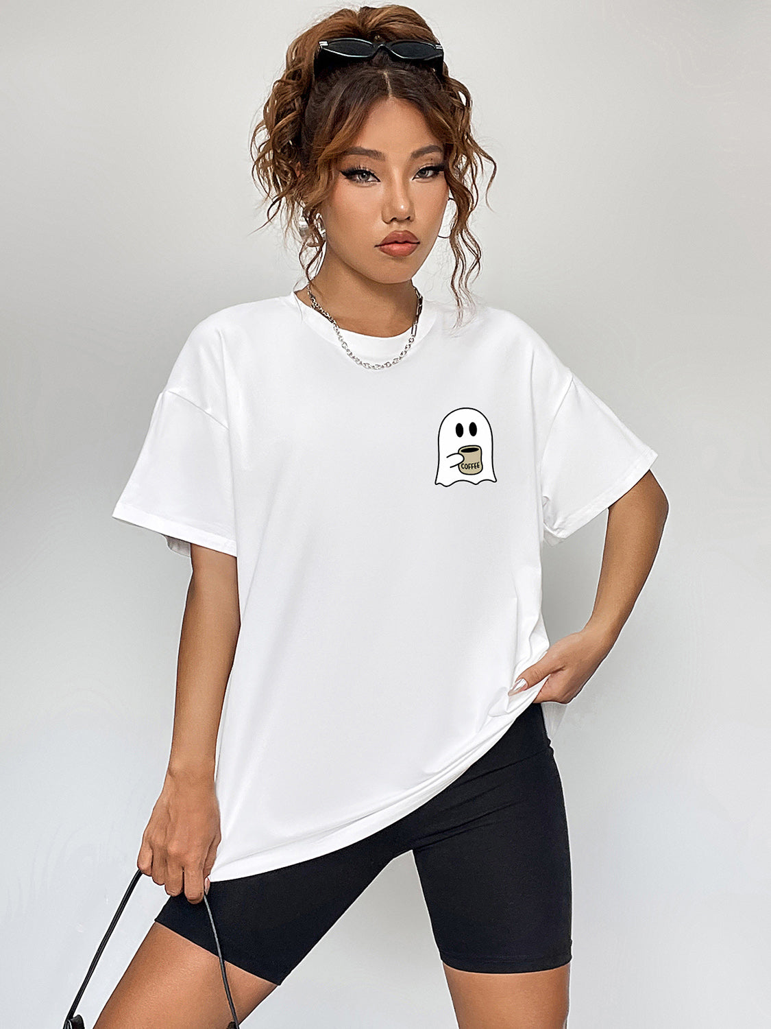 Round Neck Short Sleeve Ghost Graphic T-Shirt