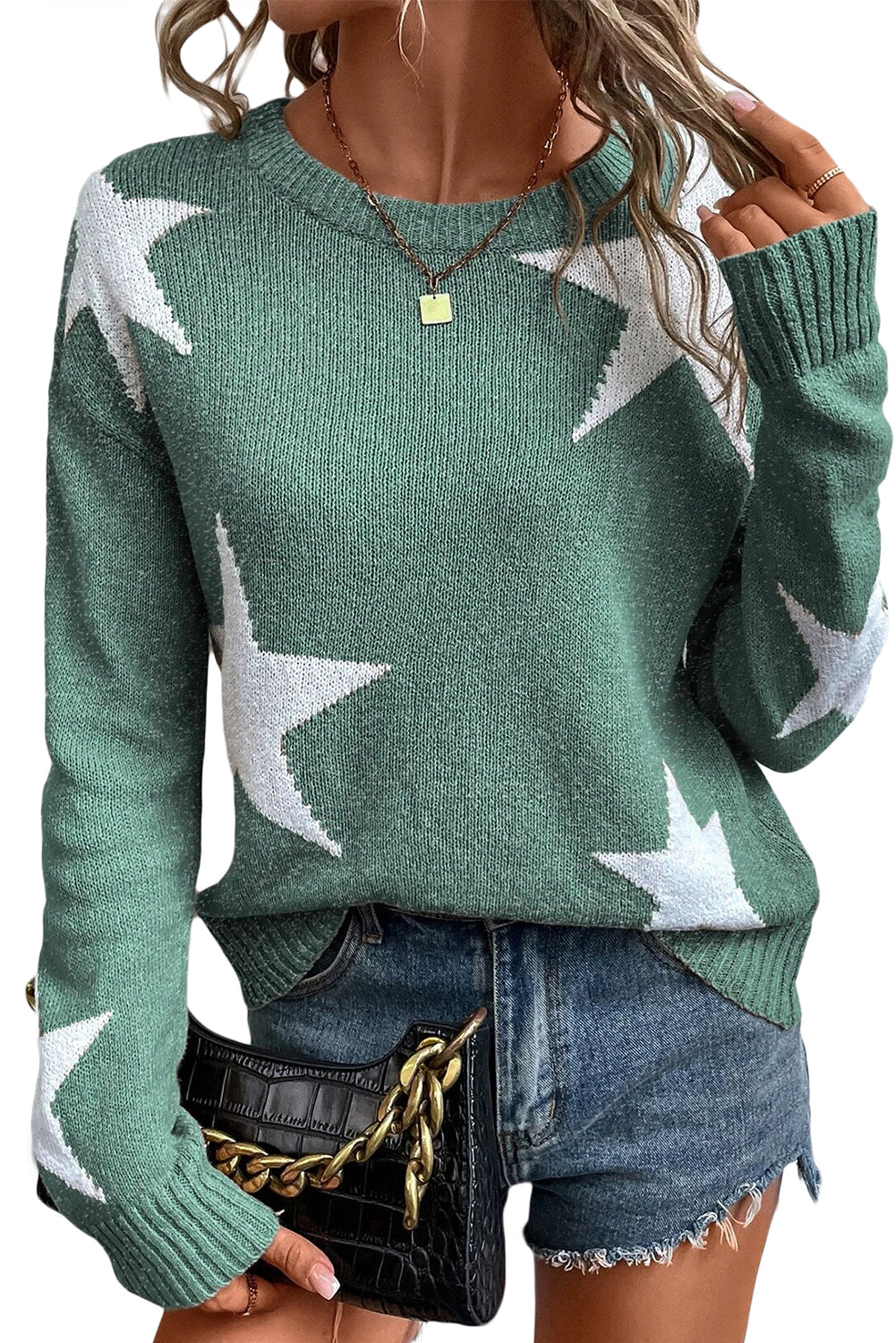 Green Star Pattern Drop Shoulder Knit Sweater