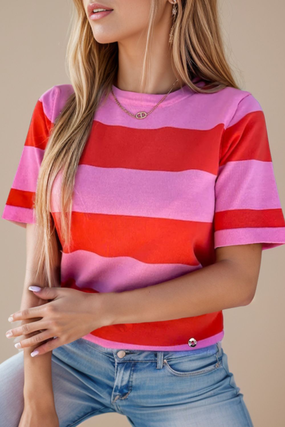 Color Block Round Neck Short Sleeve T-Shirt