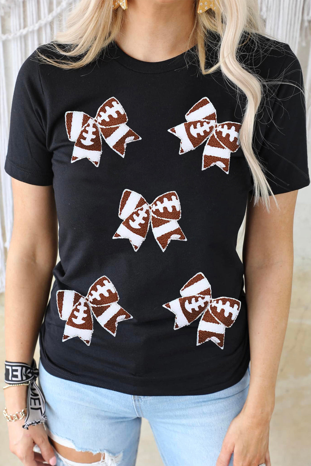 Black Game Day Rugby Bowknot Graphic T Shirt