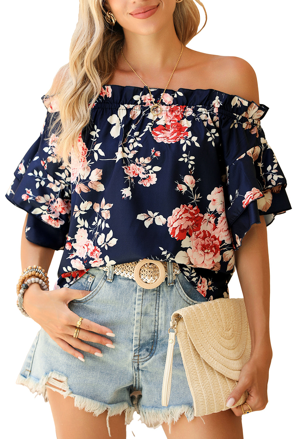 Blue Ruffle Off Shoulder Flounce Sleeve Floral Blouse