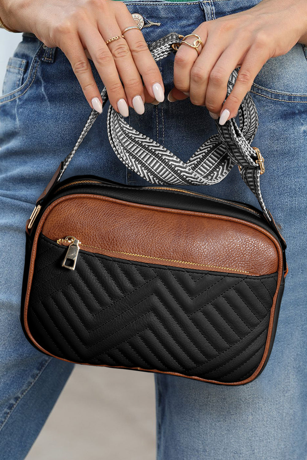 Black Quilted Faux Leather Crossbody Bag