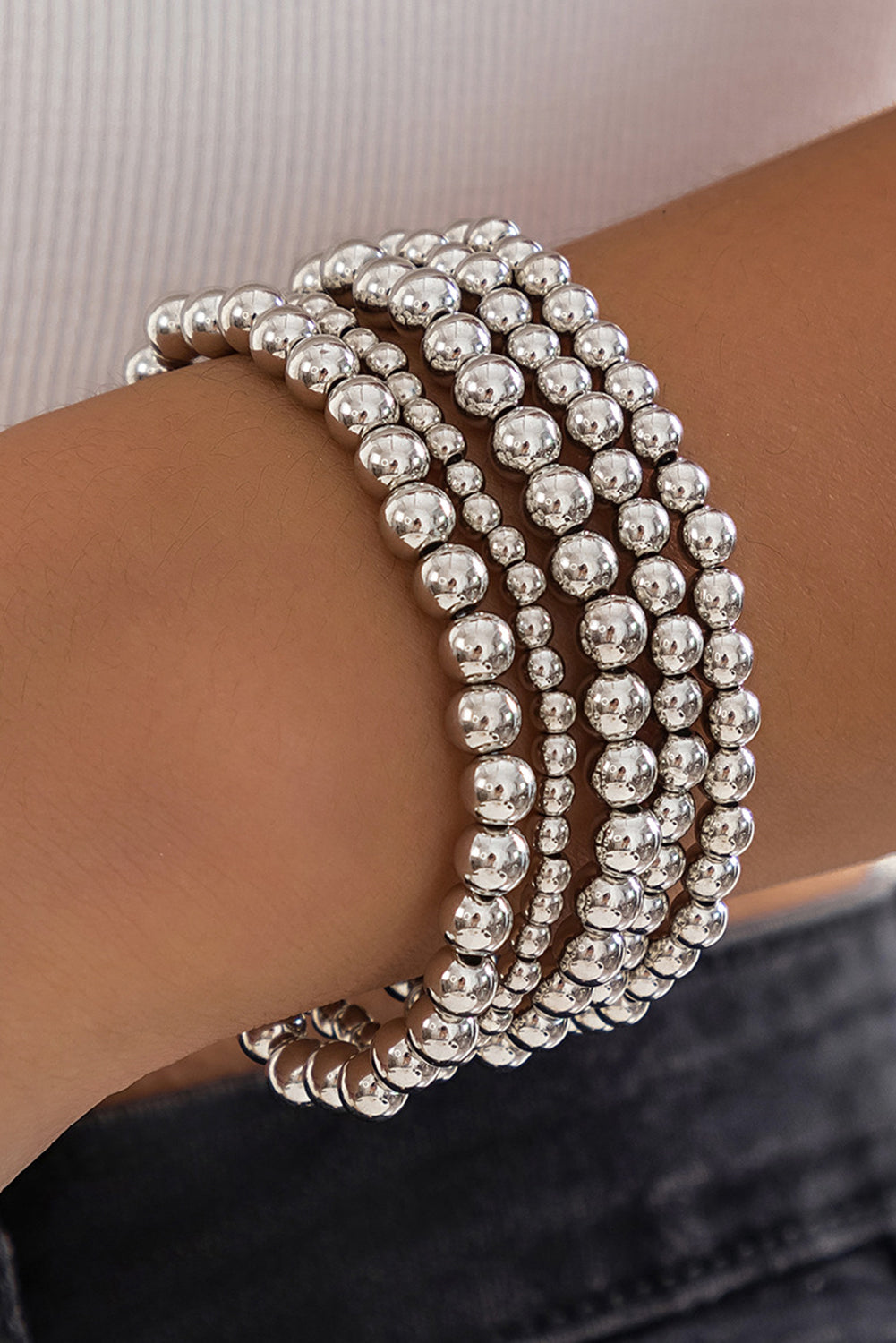 Silvery 5pcs Solid Color Beaded Bracelet Set