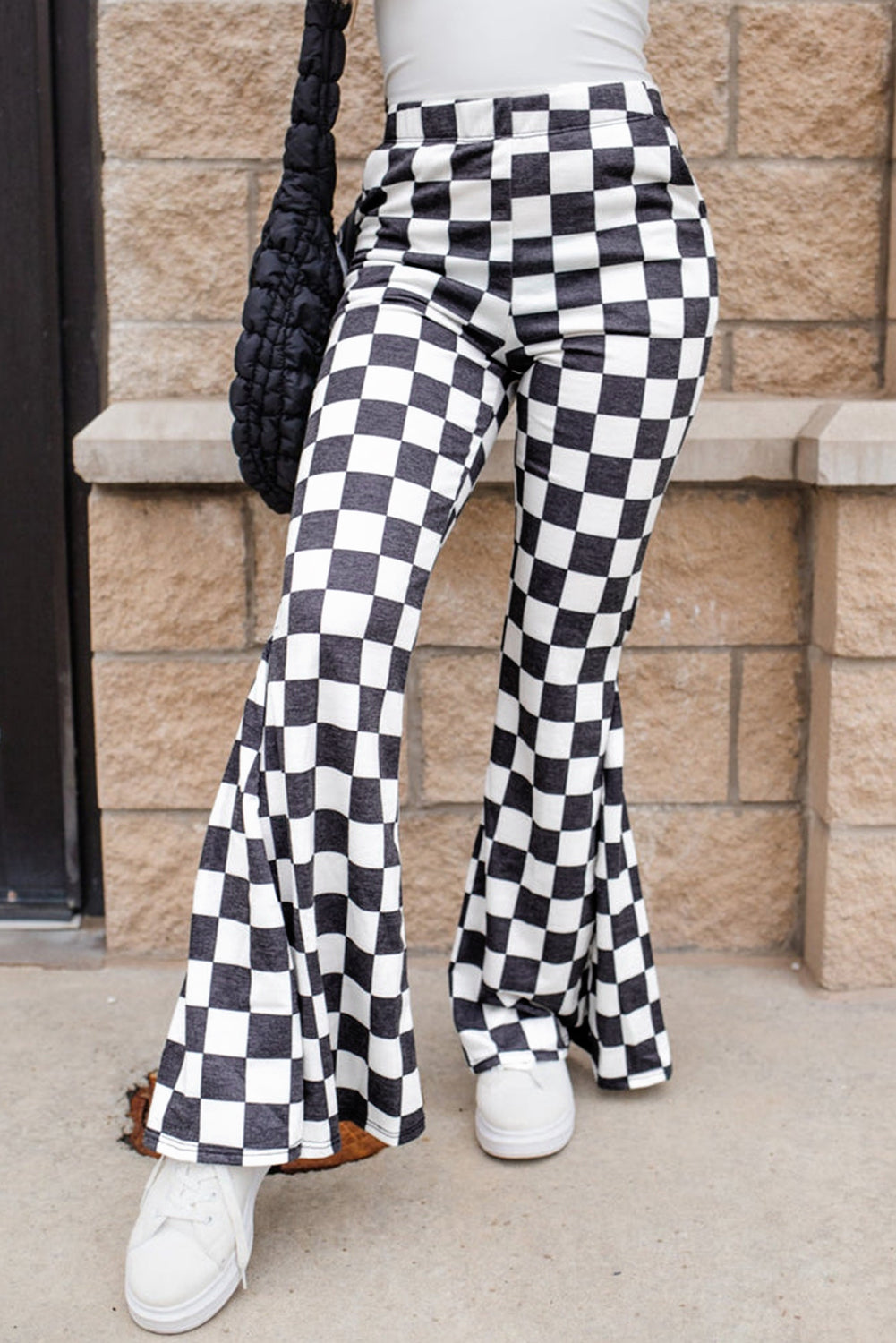 Black Checkered High Rise Flared Pants