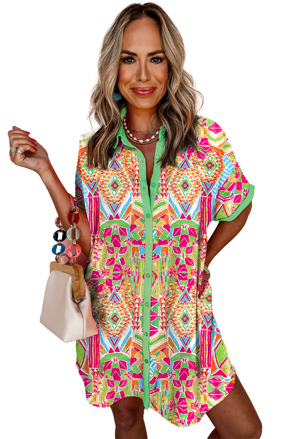 Orange Geometric Print Contrast Trim Short Sleeve Shirt Dress