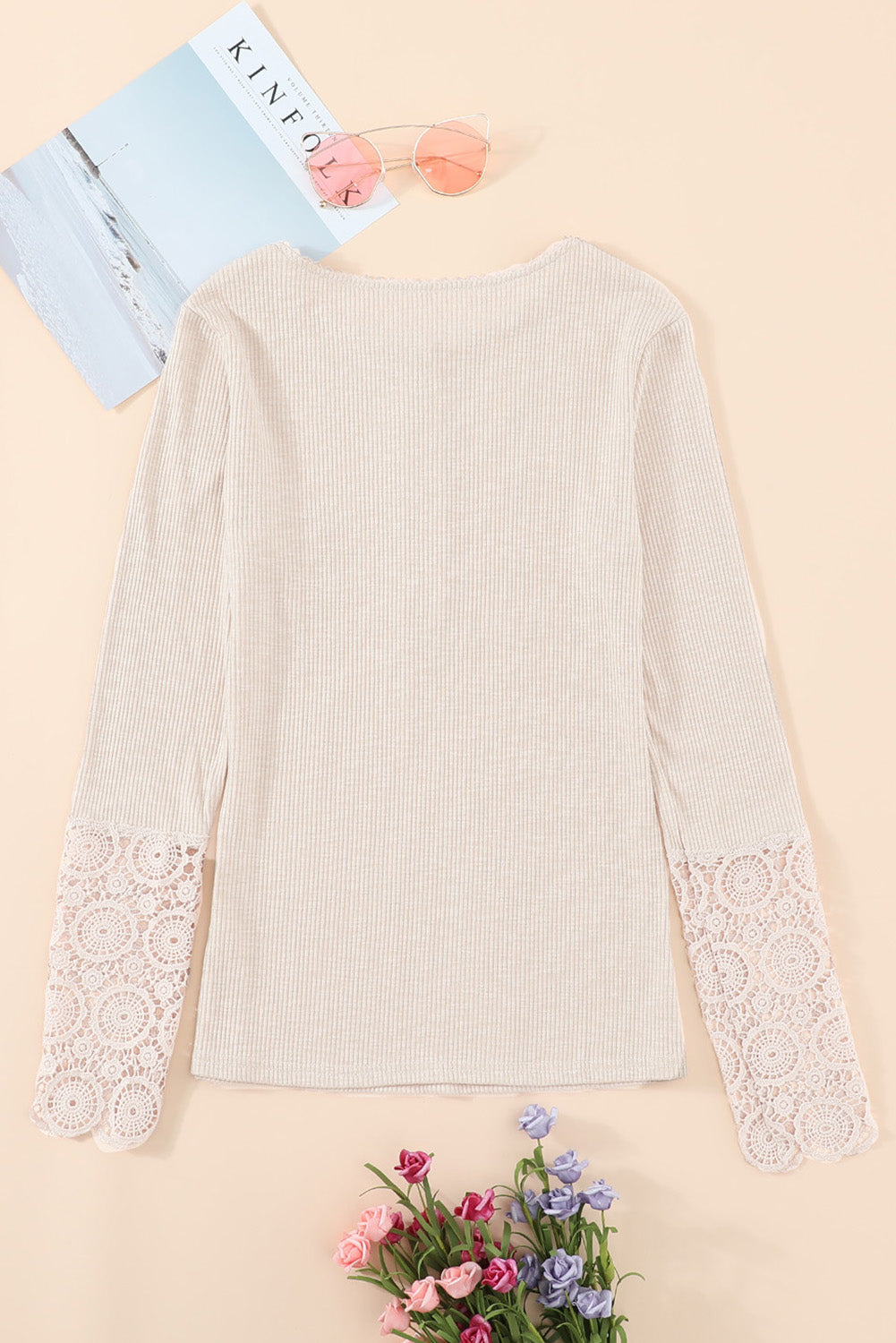 Beige Ribbed Lace Crochet Long Sleeve Henley Shirt for Women