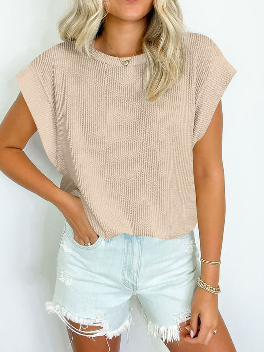 Textured Round Neck Cap Sleeve Blouse