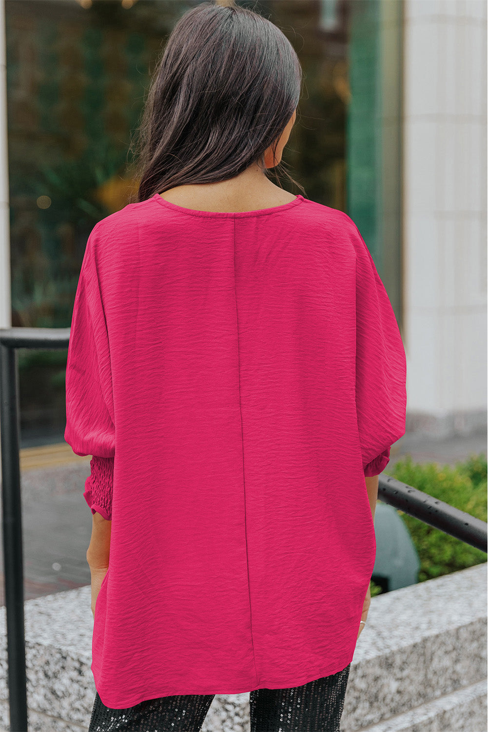 Pink Casual Shirred Cuffs Half Sleeve Blouse