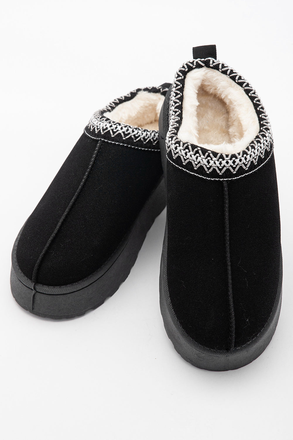 Black Suede Contrast Print Round Toe Plush Lined Flats