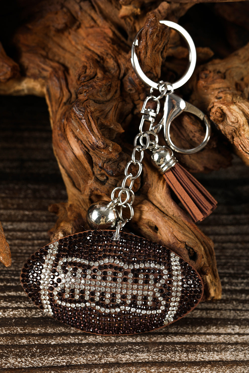 Coffee Rhinestone Rugby Pendant Tassel Key Chain