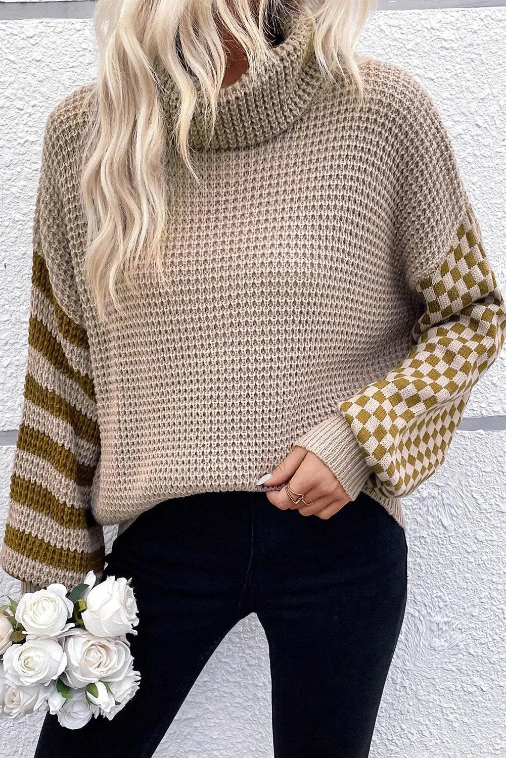 Checkered Striped Turtleneck Long Sleeve Sweater