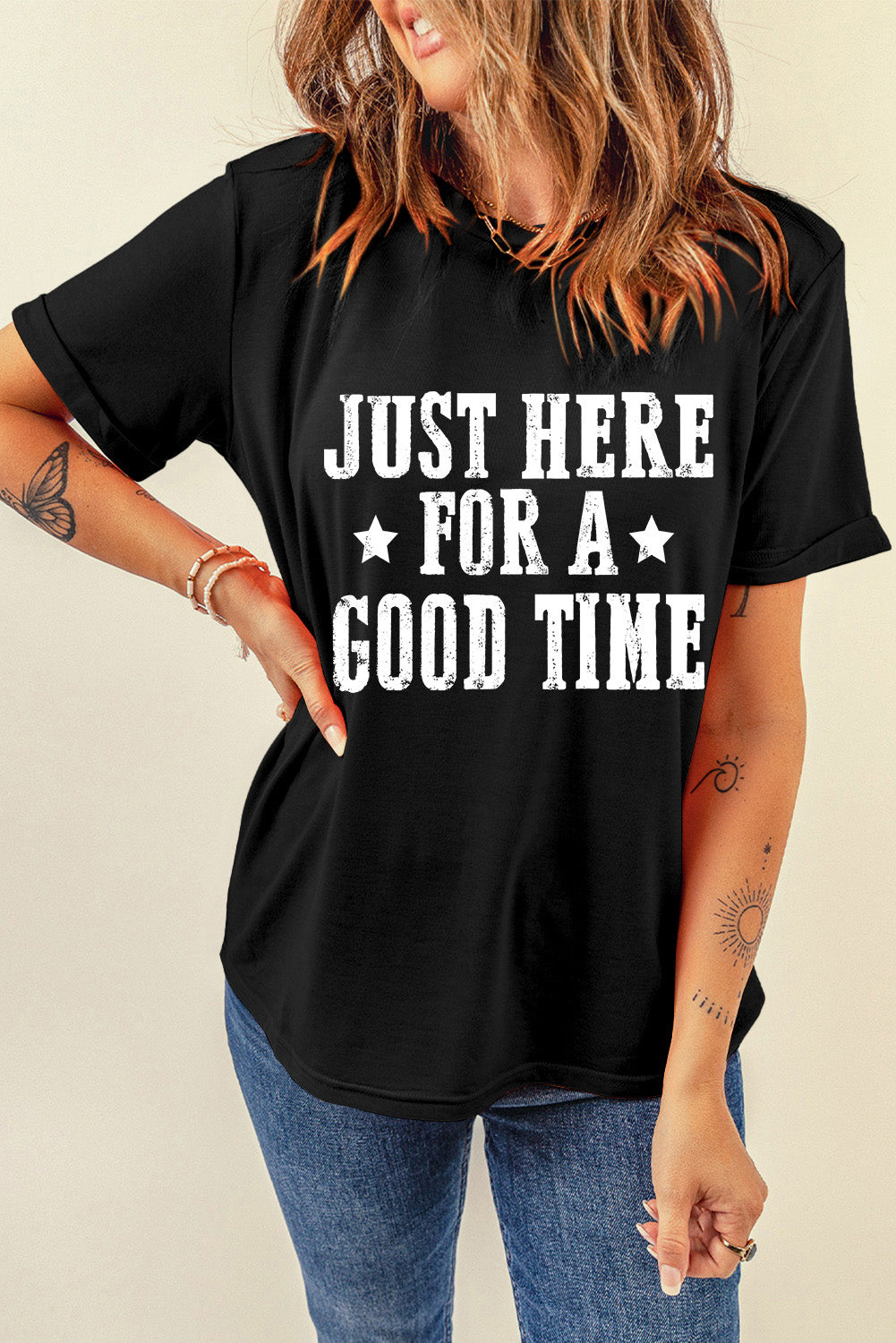 Black Just Here For A Good Time Graphic Crew Neck T Shirt