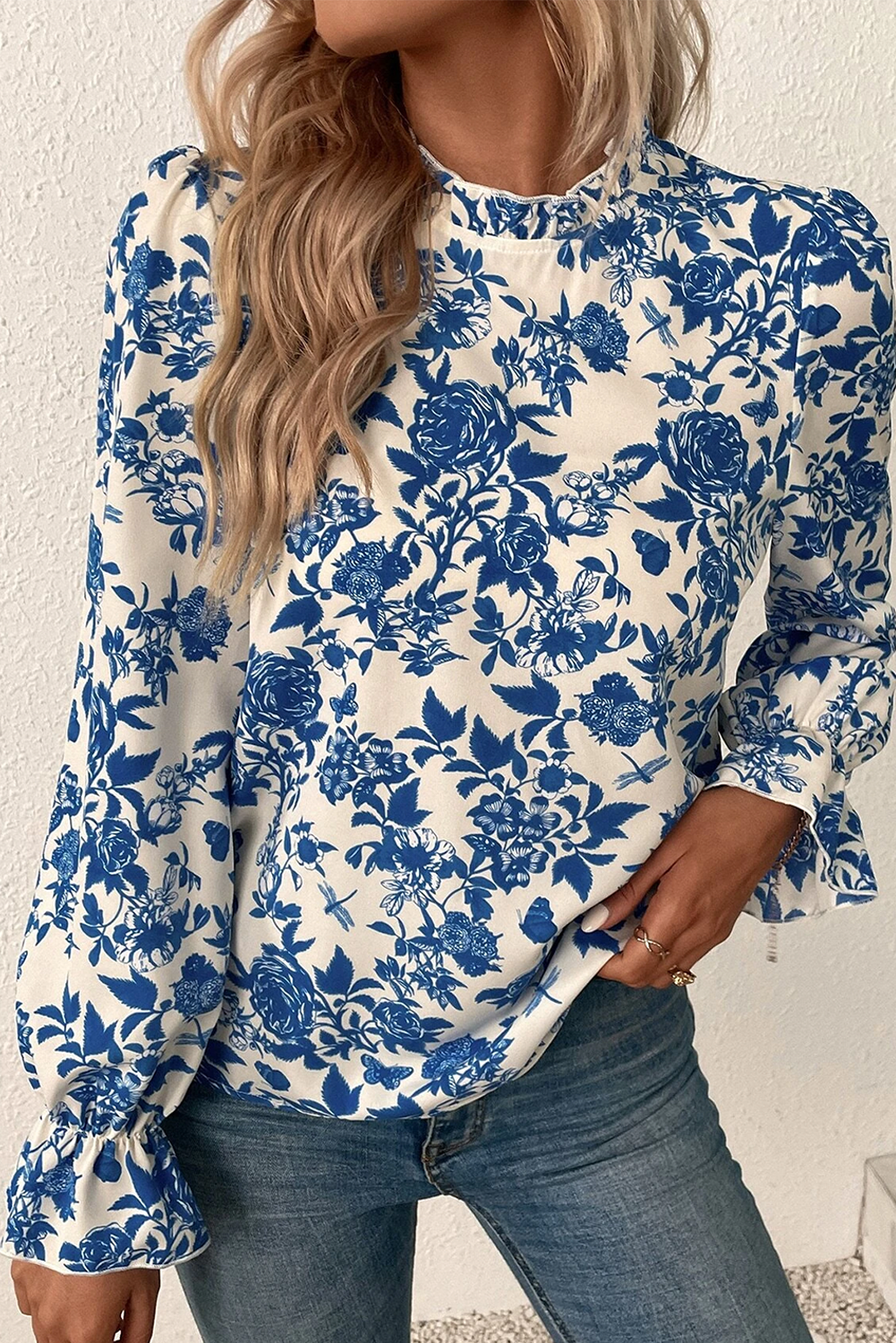 Sky Blue Floral Print Flounce Sleeve Keyhole Back Blouse