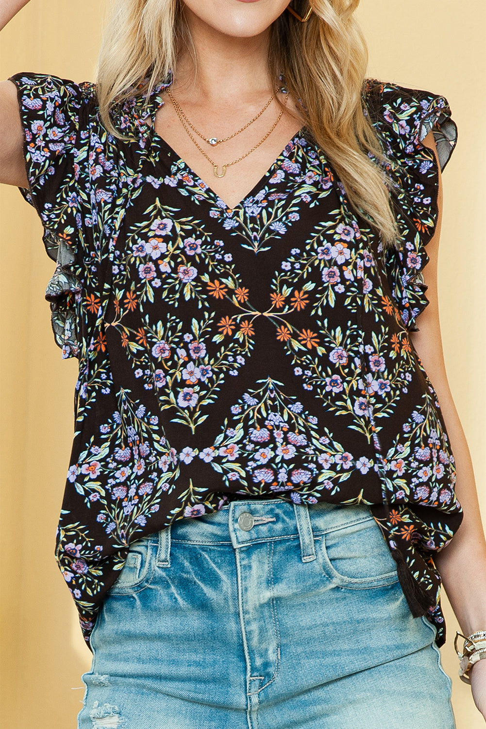 Black Boho Floral Tied V Neck Ruffle Shoulder Blouse