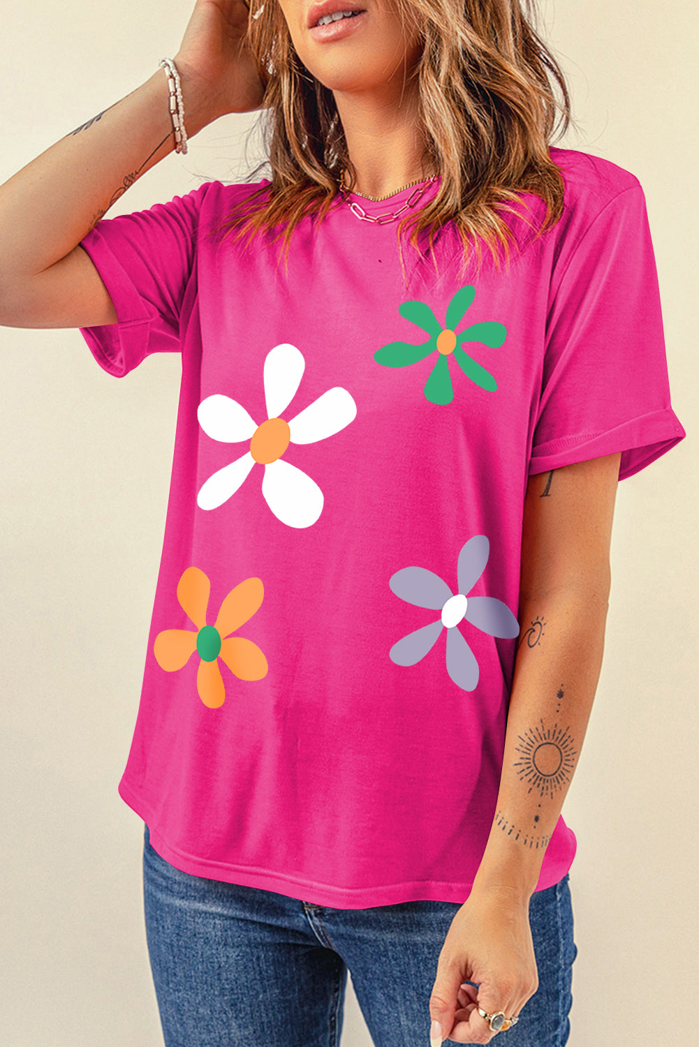 Flower Round Neck Short Sleeve T-Shirt