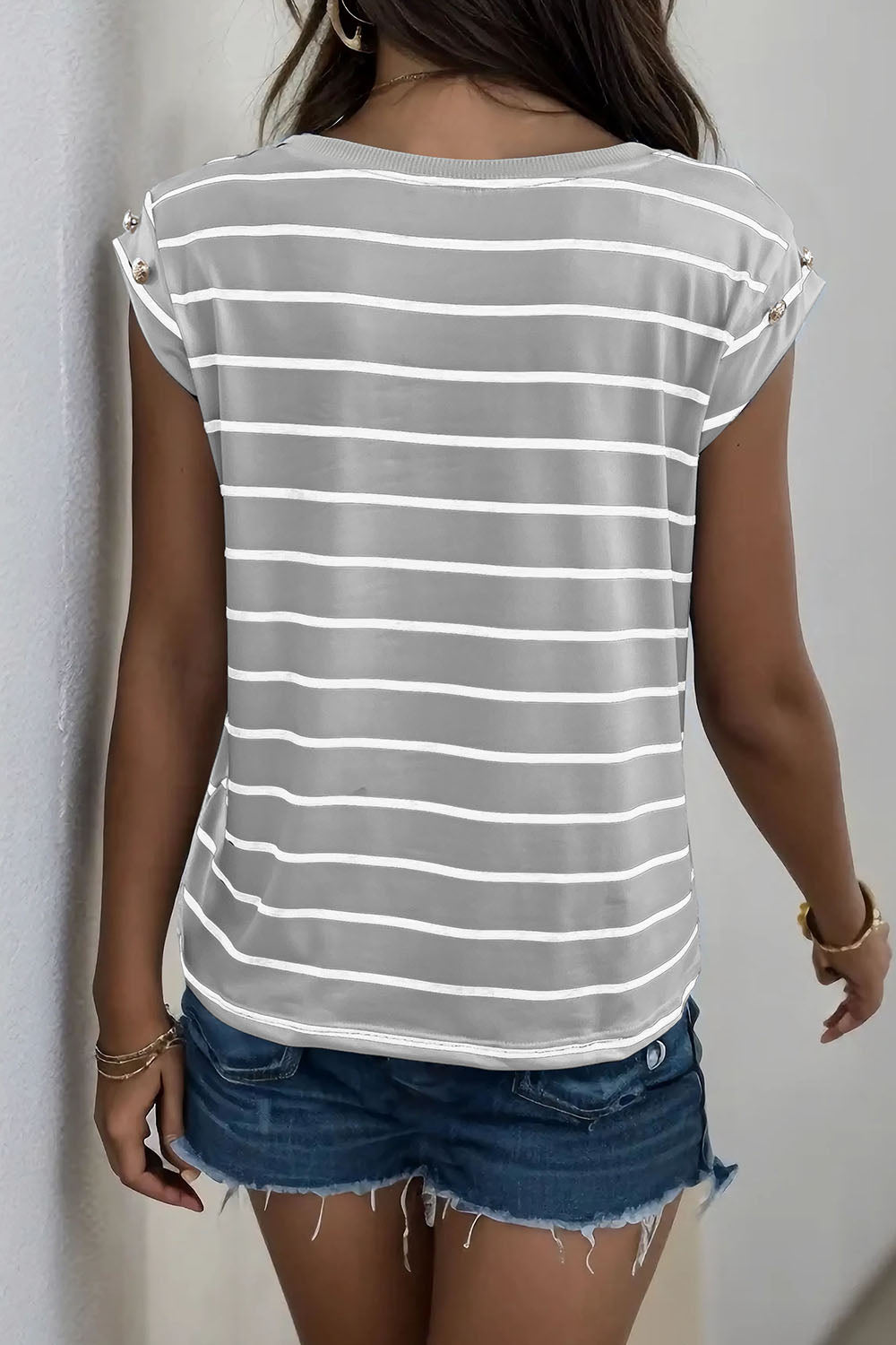 Decorative Button Round Neck T-Shirt