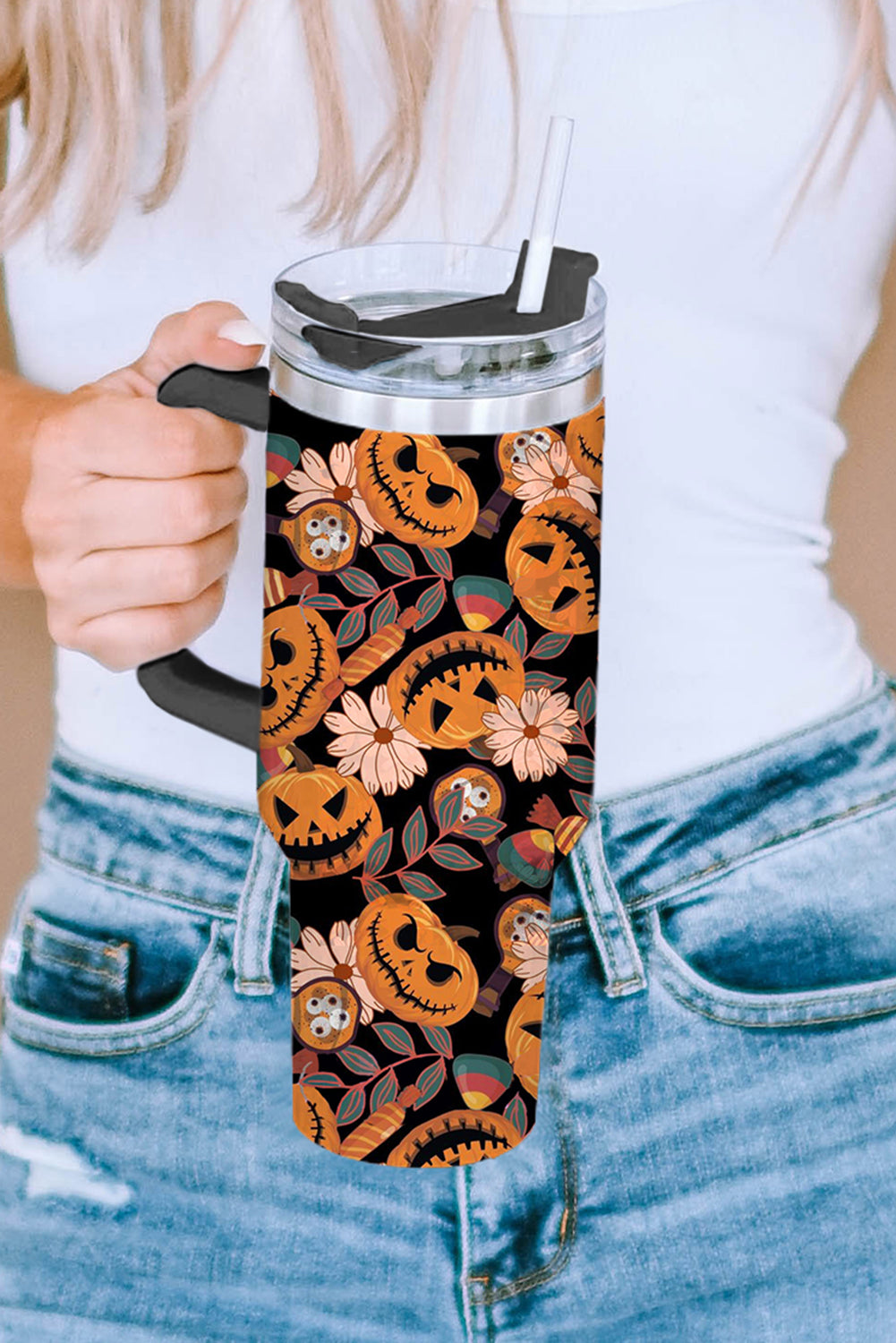 Multicolour 304 Halloween Pumpkin Print Stainless Vacuum Tumbler