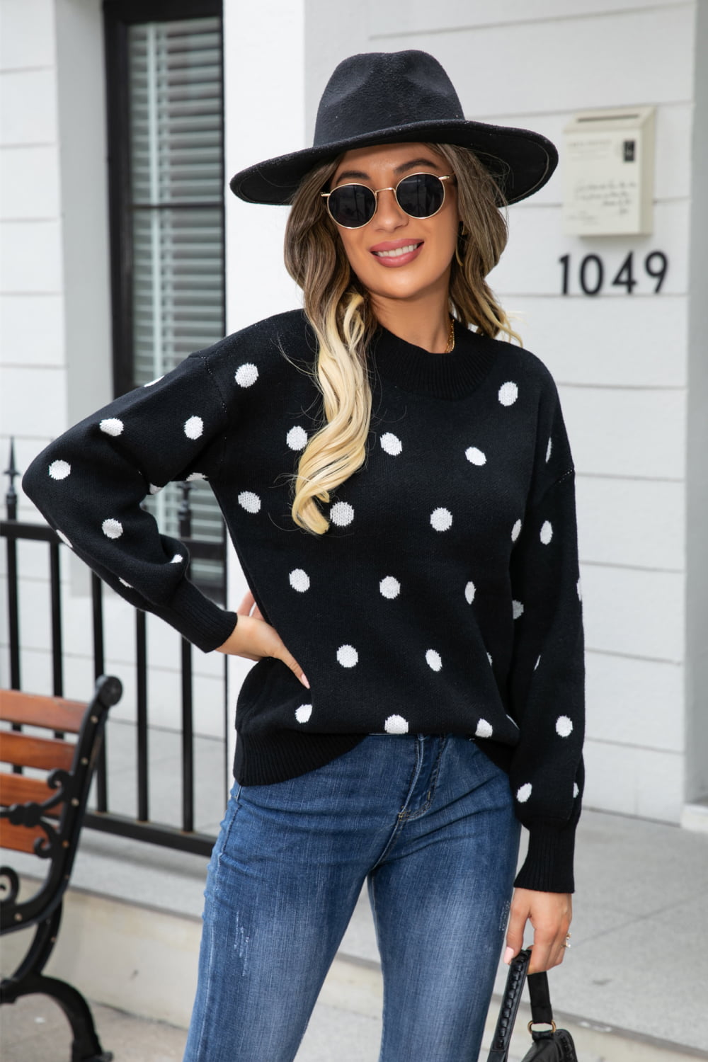 Woven Right Polka Dot Round Neck Dropped Shoulder Sweater