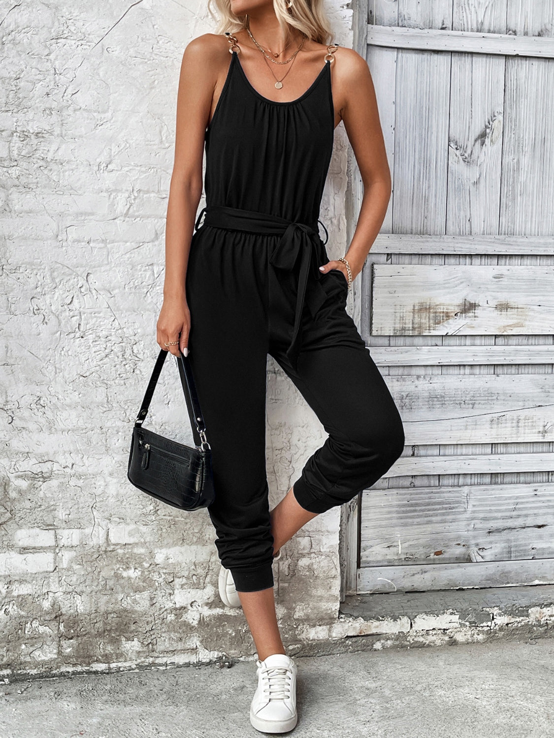 Scoop Neck Tie Waist Jumpsuit