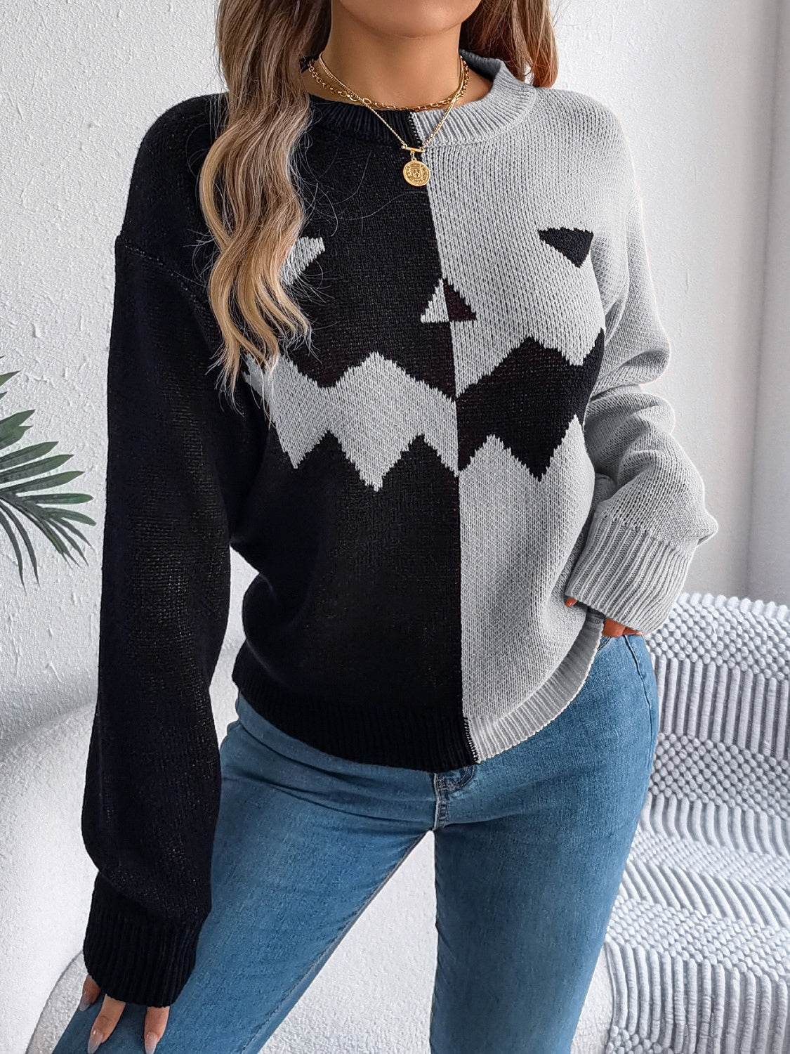 Contrast Round Neck Long Sleeve Sweater