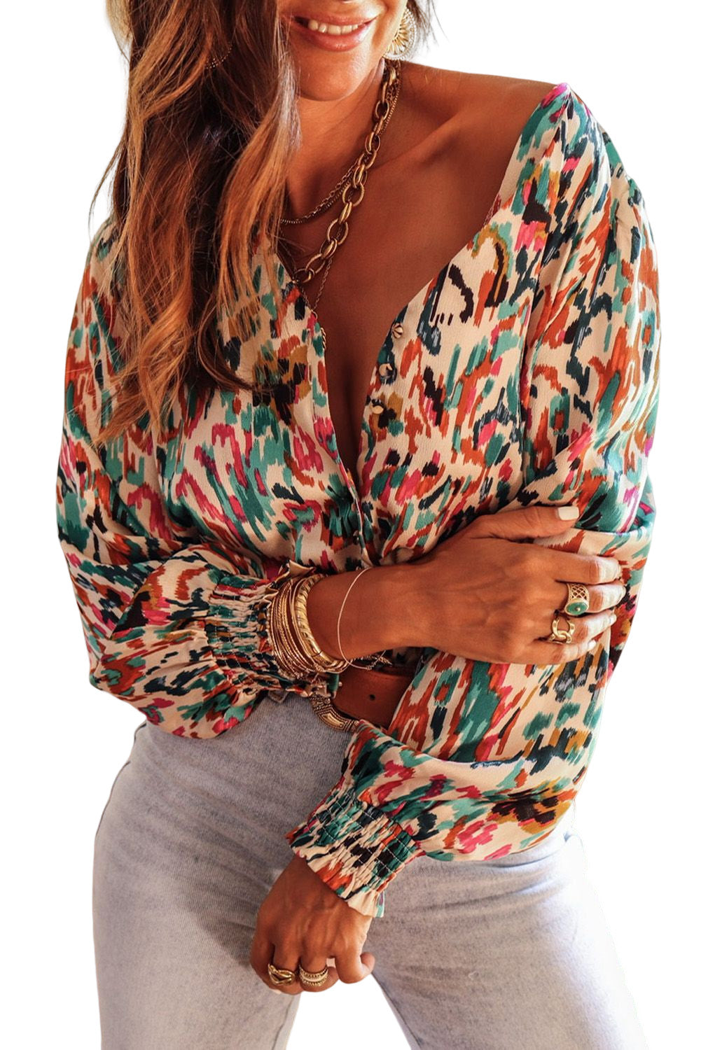 Multicolor Abstract Print Boho V Neck Shirred Cuffs Blouse