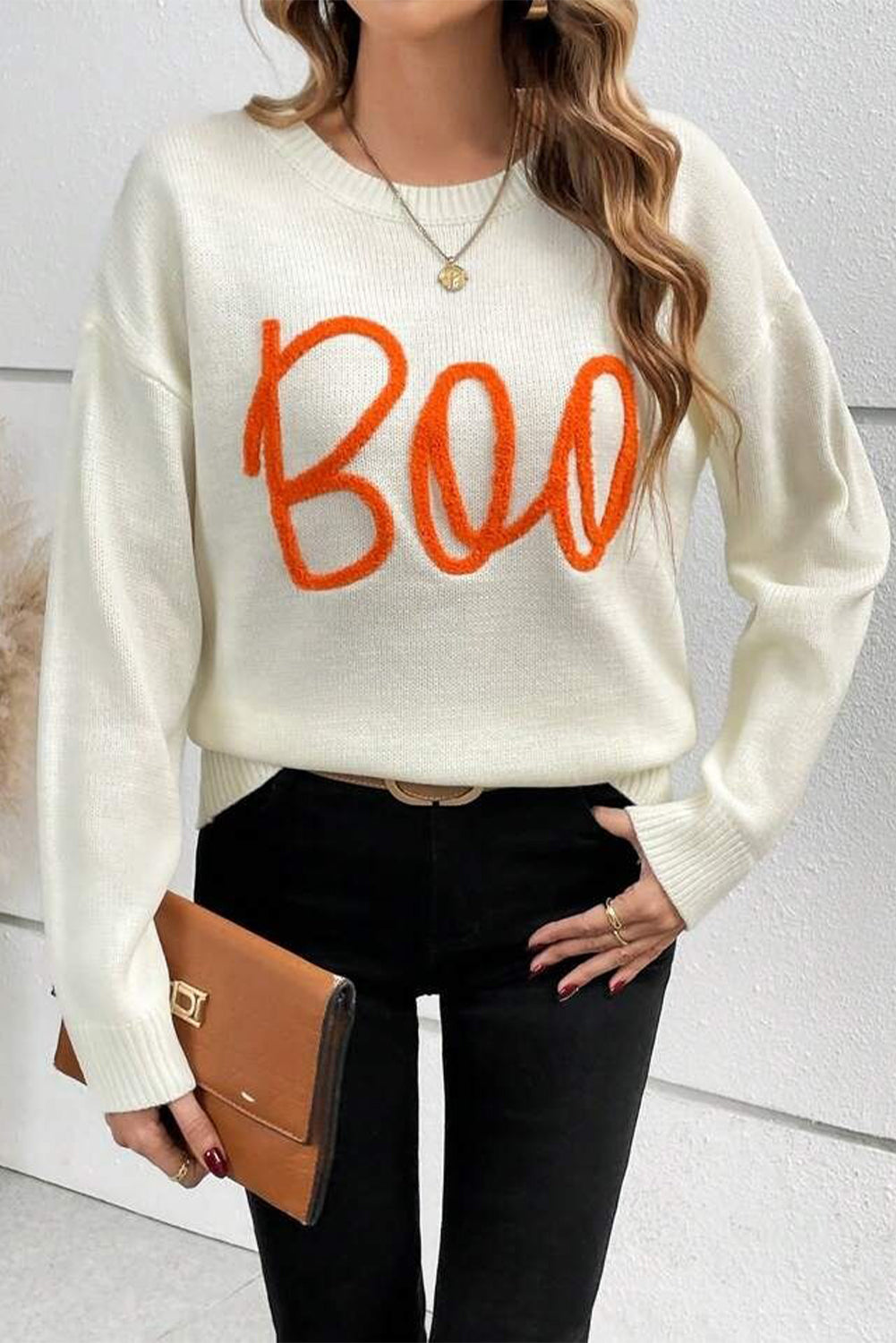 Black Halloween Boo Drop Shoulder Knit Sweater