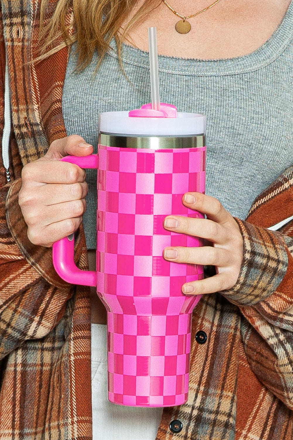 Pink Checkered Print Handled Stainless Steel Tumbler Cup