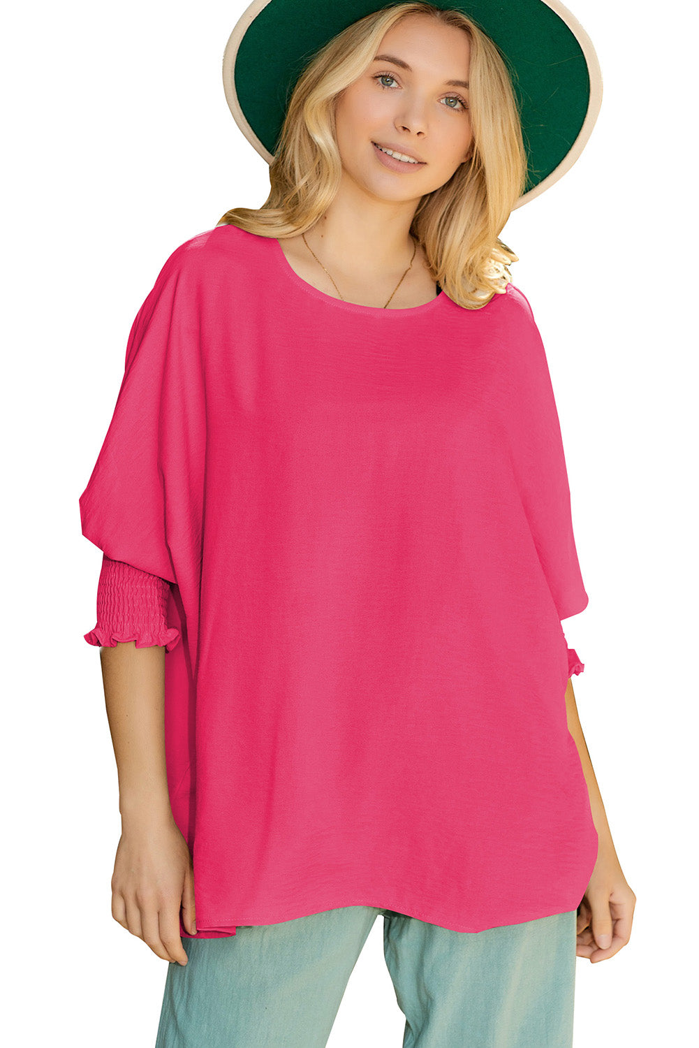 Pink Casual Shirred Cuffs Half Sleeve Blouse