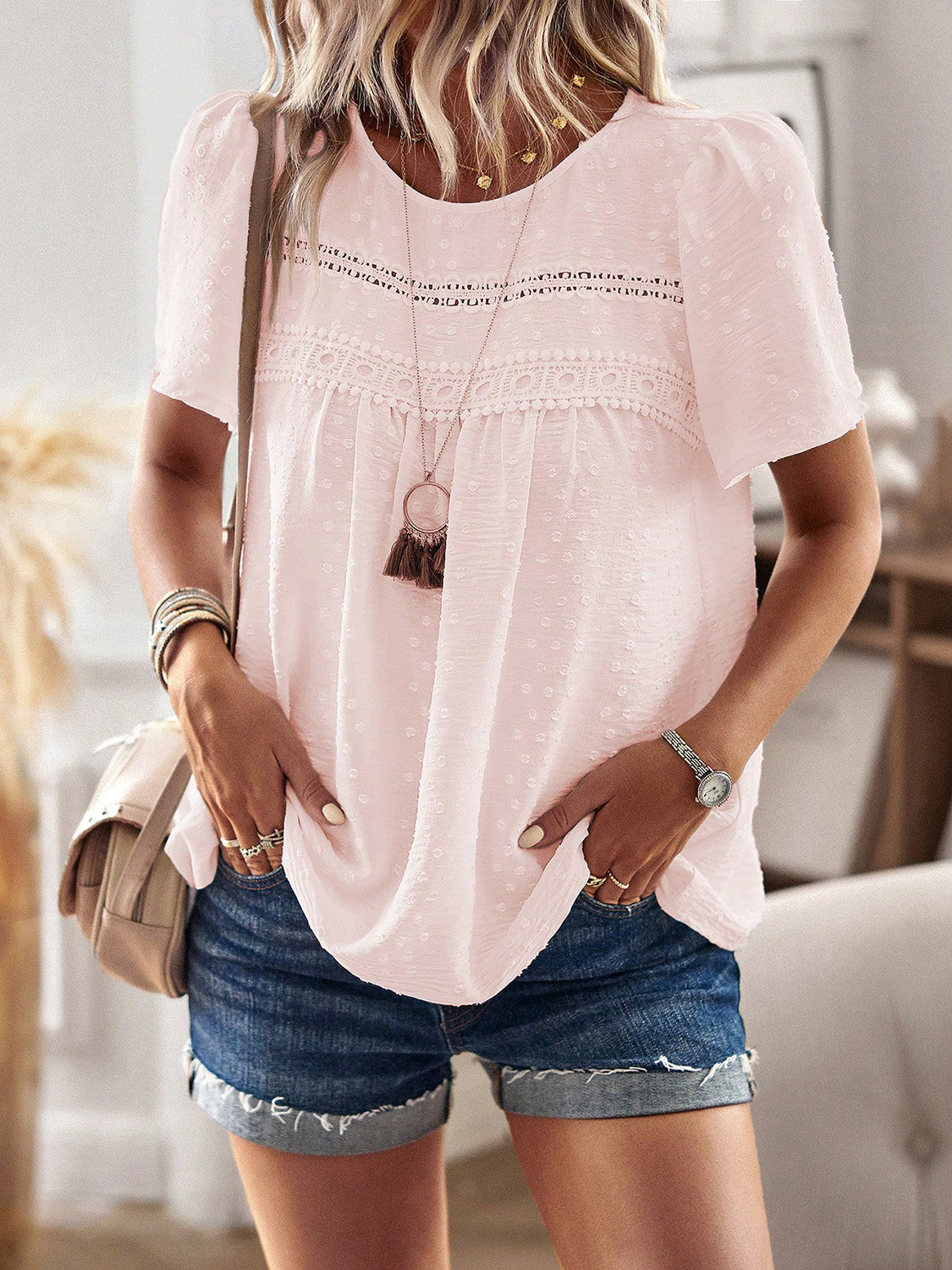 Lace Detail Round Neck Short Sleeve Blouse