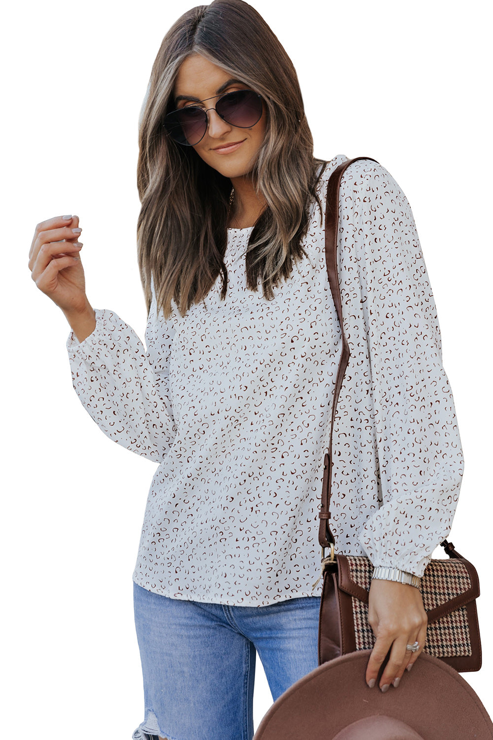 White Cheetah Print Lantern Sleeve Crew Neck Blouse